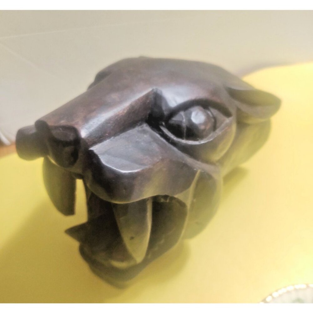 Vintage Large Hand Carved Wooden Black Panther Mayan 7" x 7" x 5"